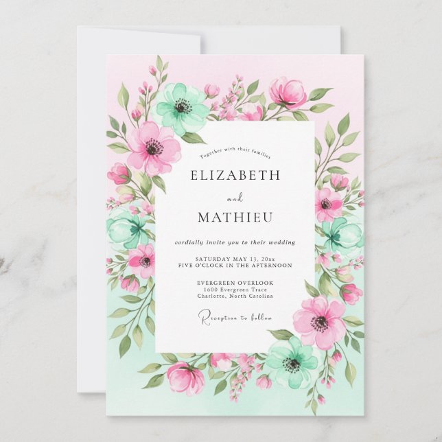 Mint Green Floral Romantic Wedding Invitation (Front)