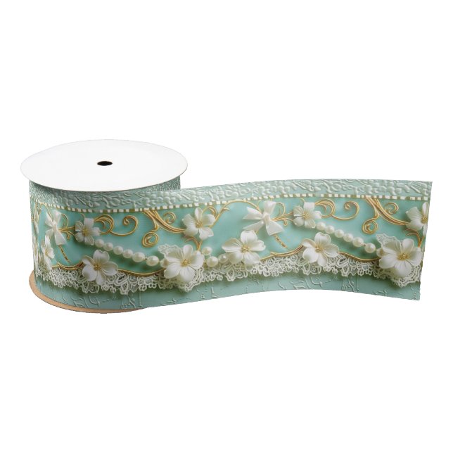 Mint Green Floral Satin Ribbon (Spool)