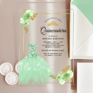 Mint Green Floral Sparkle Dress Gold Quinceanera Acrylic Invitations