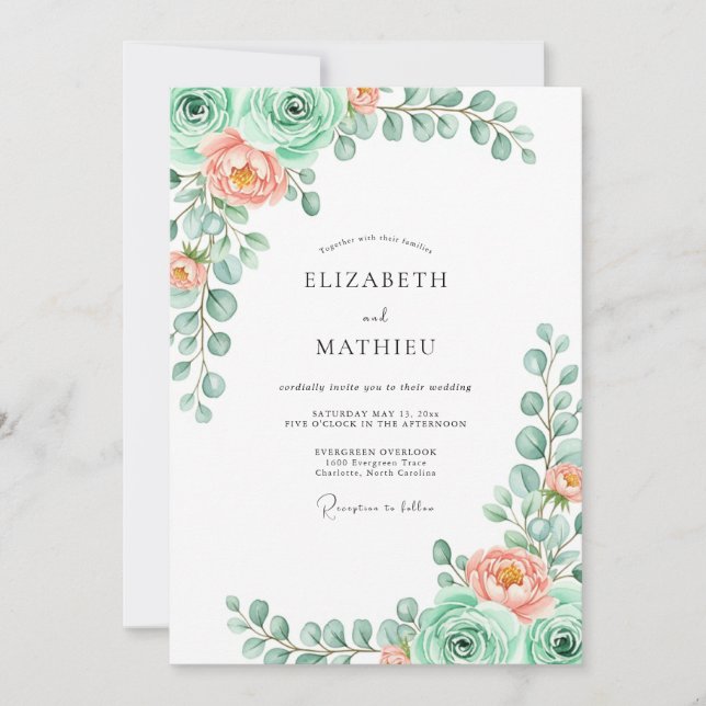 Mint Green Floral Spring Wedding Invitation (Front)