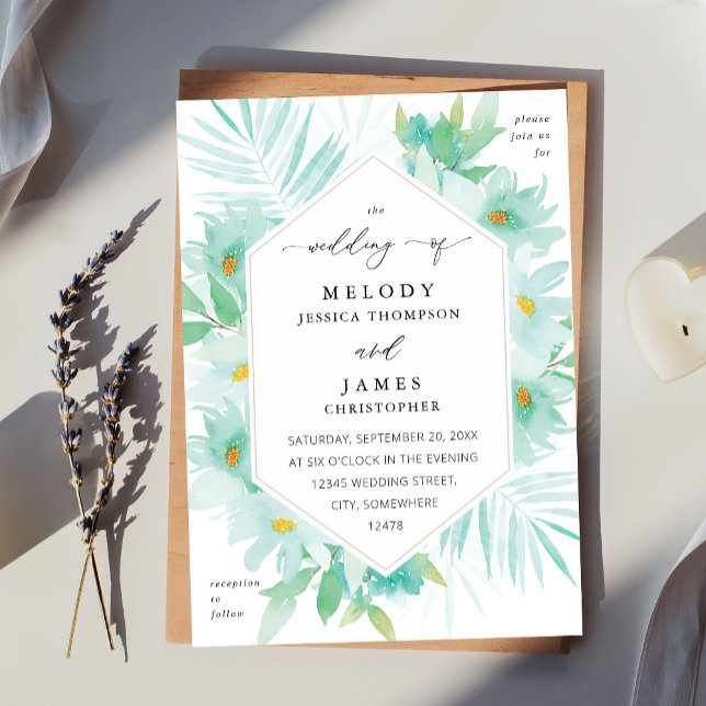 Mint Green Floral Tropical Wedding Invitation (Creator Uploaded)