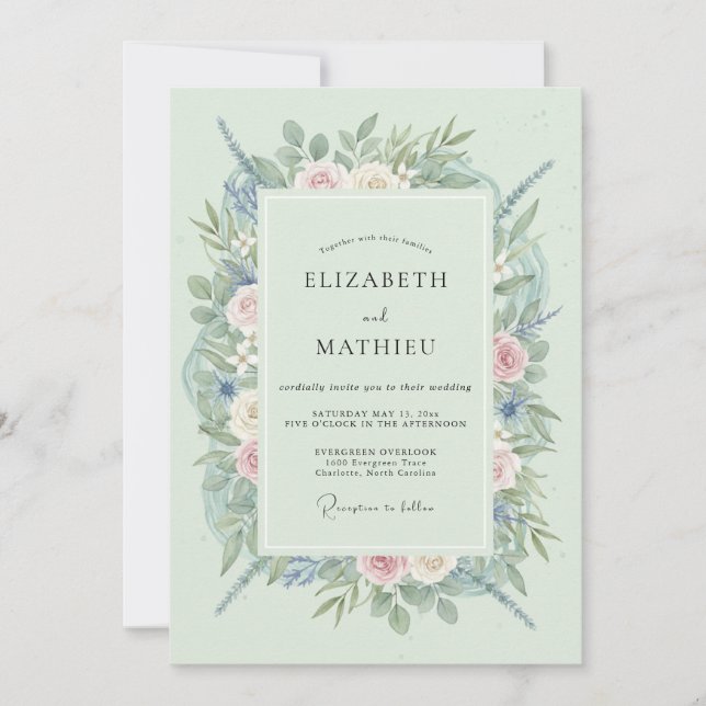 Mint Green Floral Wedding Invitation (Front)