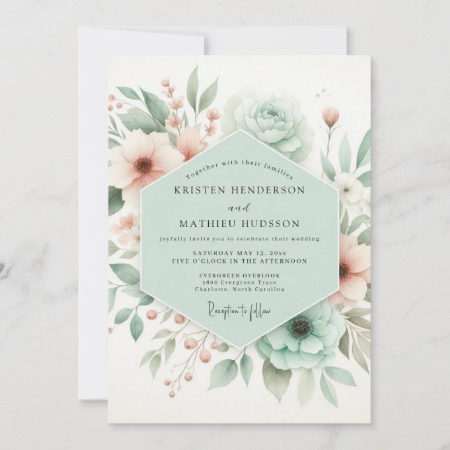 Mint Green Floral Whimsy Wedding Invitation (Front)