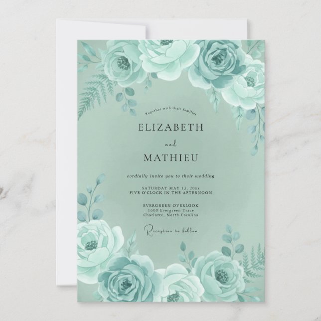 Mint Green Floral Whimsy Wedding Invitation (Front)