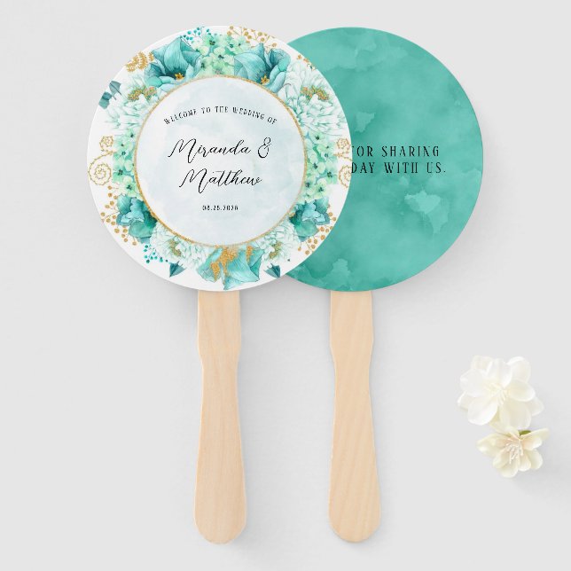 Mint Green Florals Gold Foliage Wedding Thank You Hand Fan (Front and Back)