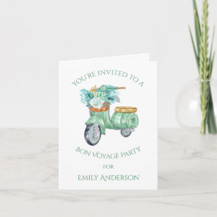 Mint Green Flowers and Scooter Bon Voyage Party   Invitation