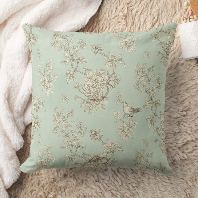 Mint Green French Country Birds and Floral Toile 1 Cushion (Blanket)