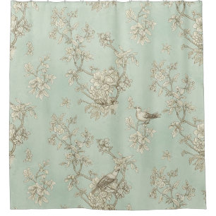 Mint Green French Country Birds and Floral Toile 1 Shower Curtain
