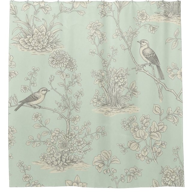 Mint Green French Country Birds and Floral Toile 3 Shower Curtain (Front)