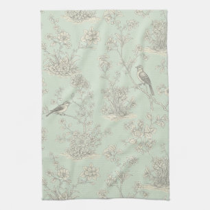 Mint Green French Country Birds and Floral Toile 3 Tea Towel
