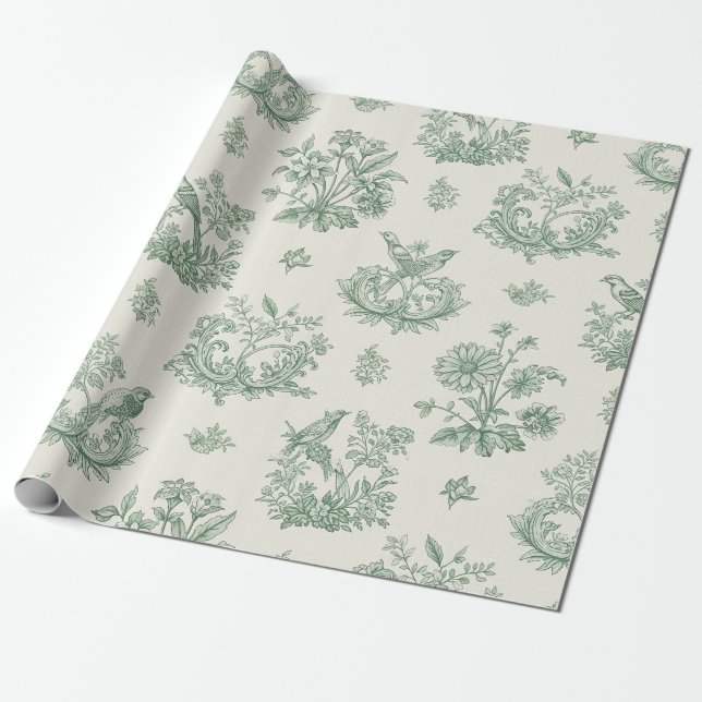 Mint Green French Country Birds and Floral Toile 4 Wrapping Paper (Unrolled)