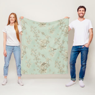 Mint Green French Country Birds and Floral Toile Fleece Blanket