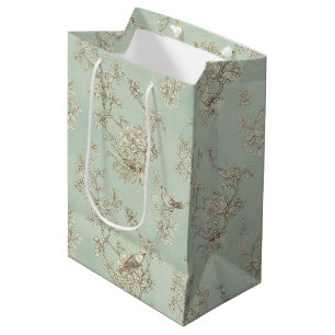 Mint Green French Country Birds and Floral Toile Medium Gift Bag
