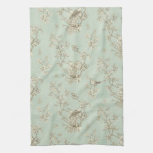 Mint Green French Country Birds and Floral Toile Tea Towel