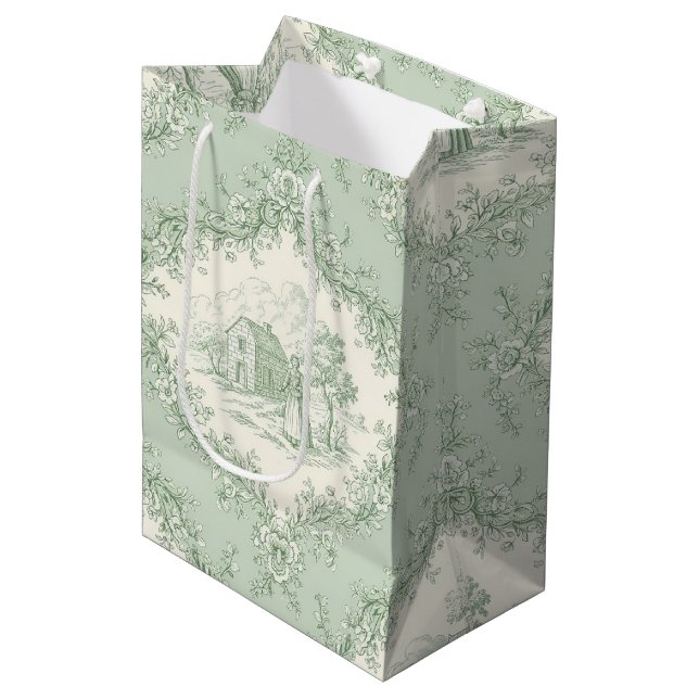 Mint Green French Country Floral Toile - Farmhouse Medium Gift Bag (Front Angled)
