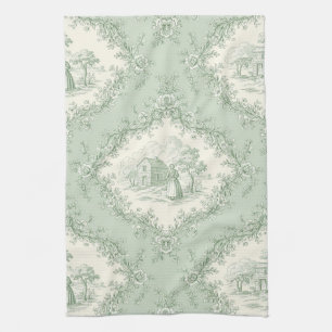 Mint Green French Country Floral Toile - Farmhouse Tea Towel