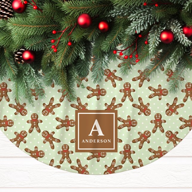 Mint Green Gingerbread Man Monogram Christmas Brushed Polyester Tree Skirt (Creator Uploaded)