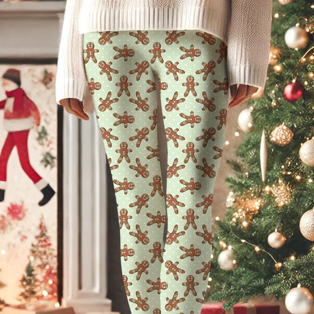 Mint Green Gingerbread Man Polka Dot Christmas Leggings (Creator Uploaded)