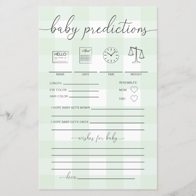 Mint Green Gingham Baby Predictions Game (Front)