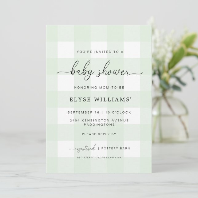 Mint Green Gingham Baby Shower Invitation (Standing Front)