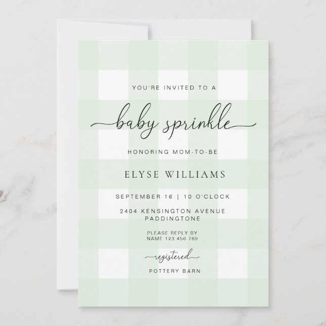 Mint Green Gingham Baby Sprinkle Invitation (Front)