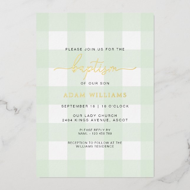 Mint Green Gingham Baptism Gold Foil Invitation (Front)