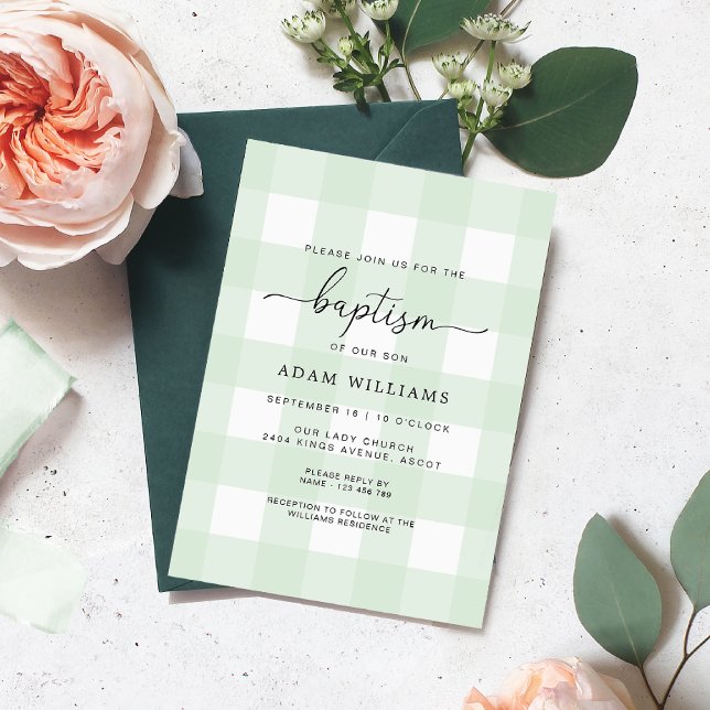 Mint Green Gingham Baptism Invitation (Creator Uploaded)