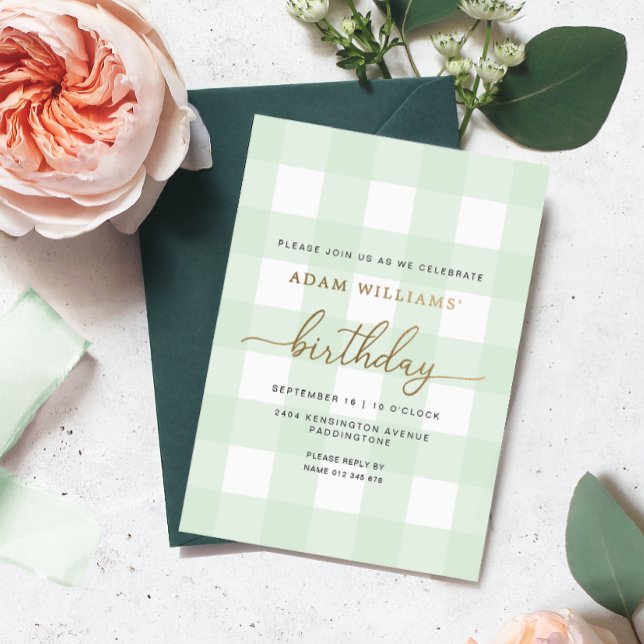 Mint Green Gingham Birthday Gold Foil Invitation (Creator Uploaded)