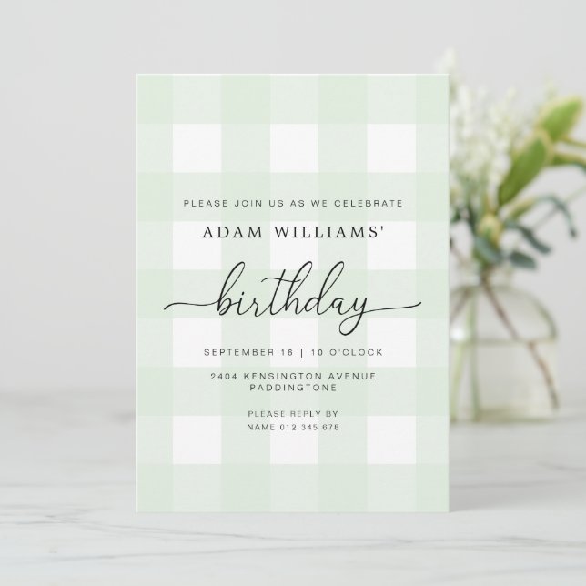 Mint Green Gingham Birthday Invitation (Standing Front)