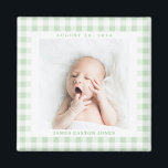 Mint Green Gingham Check Baby Birthdate Magnet<br><div class="desc">Sweet mint green and white gingham check is a charming way to frame the photo of a new baby and celebrate the arrival with a square magnet featuring the name and birthdate. Make this baby magnet for a new parent,  grandparents and family or friends.</div>