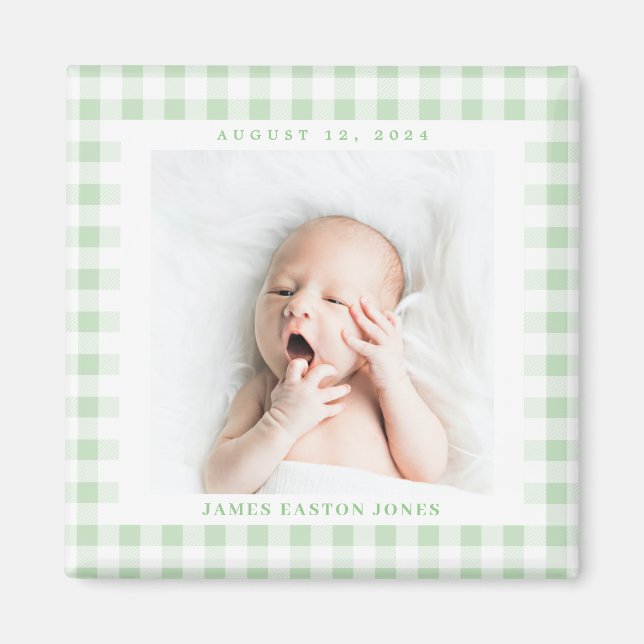 Mint Green Gingham Check Baby Birthdate Magnet (Front)