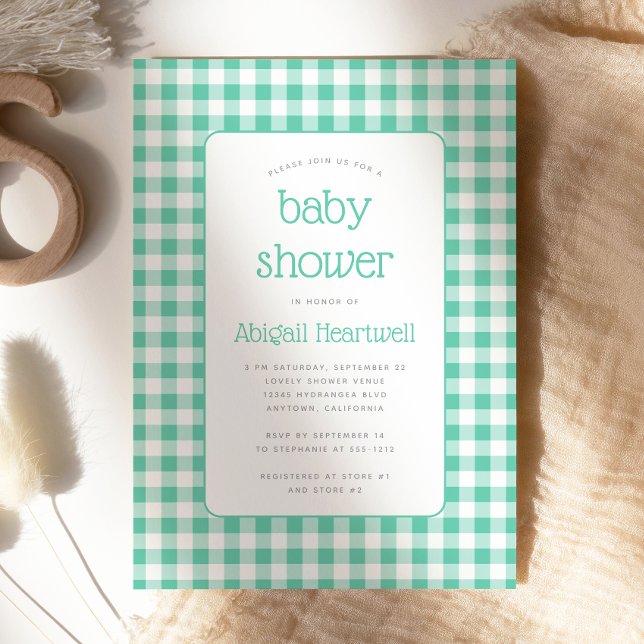Mint Green Gingham Check Baby Shower Invitation (Creator Uploaded)