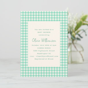 Mint Green Gingham Check Retro Cream Baby Shower Invitation