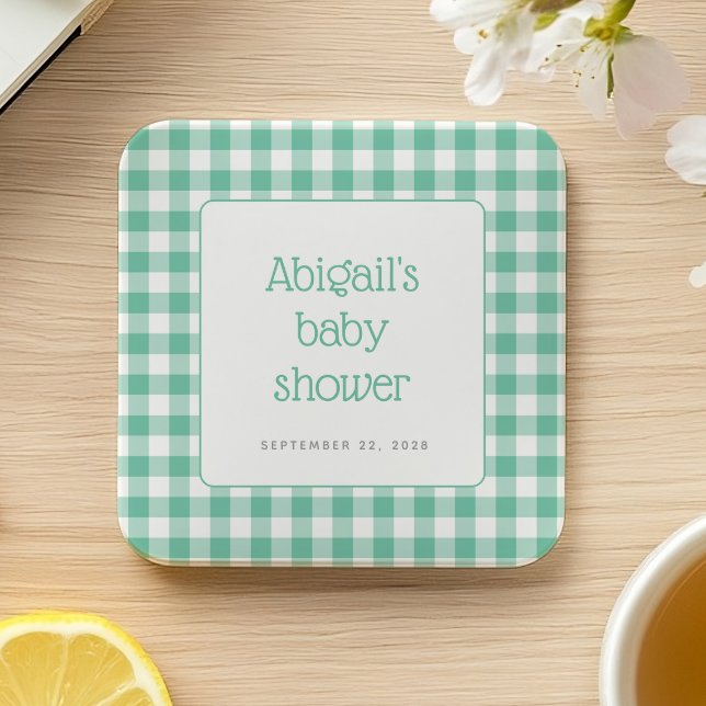 Mint Green Gingham Check Rustic Baby Shower Square Paper Coaster (Creator Uploaded)