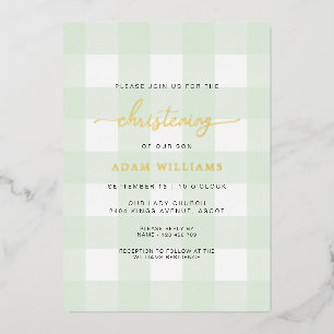 Mint Green Gingham Christening Foil Invitation
