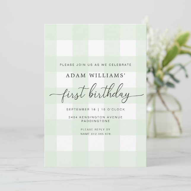 Mint Green Gingham First Birthday Invitation (Standing Front)