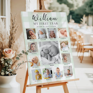 Mint Green Gingham First Birthday Photo Timeline Poster