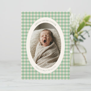 Mint Green Gingham Oval Photo Newborn Stats Birth Announcement