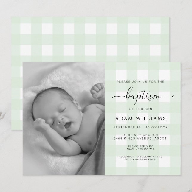 Mint Green Gingham Photo Baptism Invitation (Front/Back)
