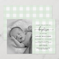 Mint Green Gingham Photo Baptism Invitation