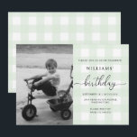 Mint Green Gingham Photo Birthday Invitation<br><div class="desc">Celebrate the birthday boy with this classic gingham birthday invitation. The design features a timeless gingham design with a hand-lettered script font. The script heading is an image that cannot be edited. All of the other text is fully editable. Add an extra personal touch by adding your own image to...</div>