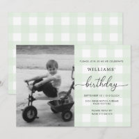 Mint Green Gingham Photo Birthday Invitation