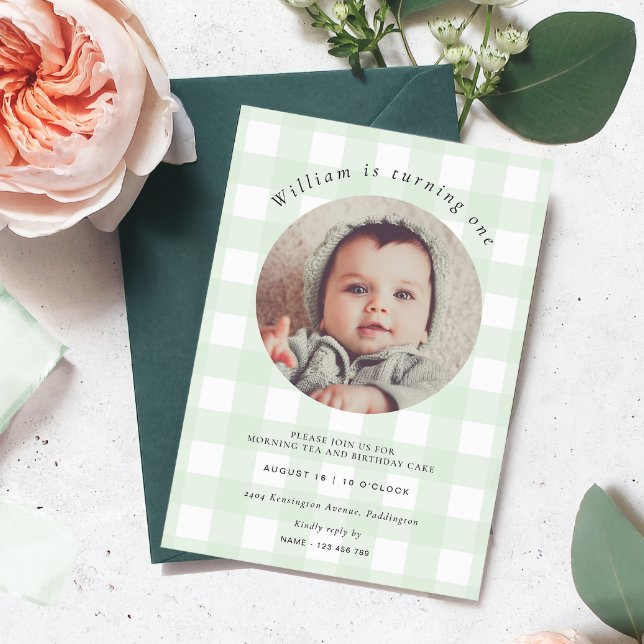 Mint Green Gingham Photo Birthday Invitation (Birthday Photo Invitation Mint Green Gingham Check)