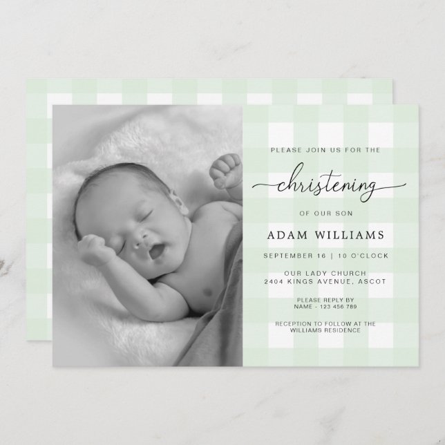 Mint Green Gingham Photo Christening Invitation (Front/Back)