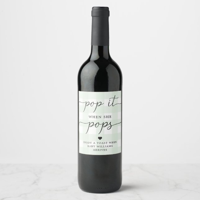 Mint Green Gingham Pop It When She Pops Favour Wine Label (Front)