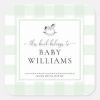 Mint Green Gingham Rocking Horse Bookplate Sticker