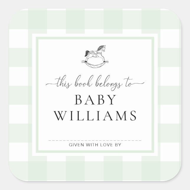 Mint Green Gingham Rocking Horse Bookplate Sticker (Front)