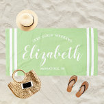 Mint Green Girls Weekend Personalised Name Beach Towel<br><div class="desc">Personalised beach towel design for a girls' weekend vacation getaway features a custom first name in modern script writing framed by coastal stripes,  with custom text for the occasion. The mint green background colour can be modified. Please visit our shop for other colour options.</div>