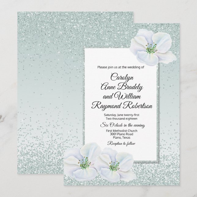 Mint Green Glitter and Flowers Wedding Invitation (Front/Back)