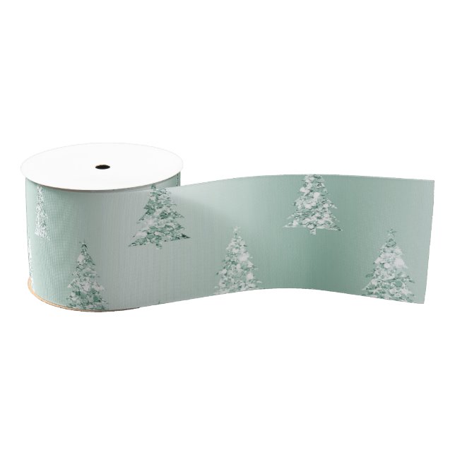 Mint Green Glitter Christmas Trees Grosgrain Ribbon (Spool)